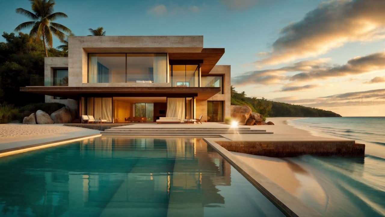 Contemporary island home framed by tropical greenery